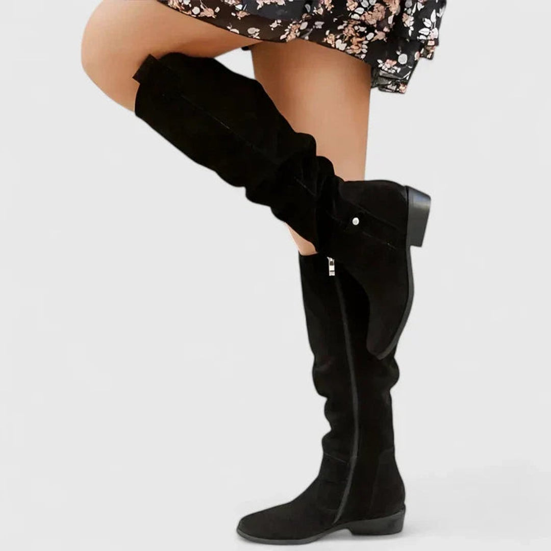 Women's Knee-High Slouchy Block-Heel Western Boots - Black