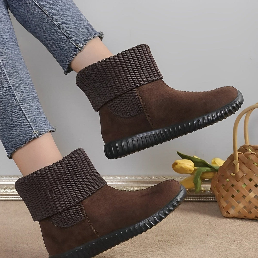 Women's Knit-Cuff Flat Suede Ankle Boots