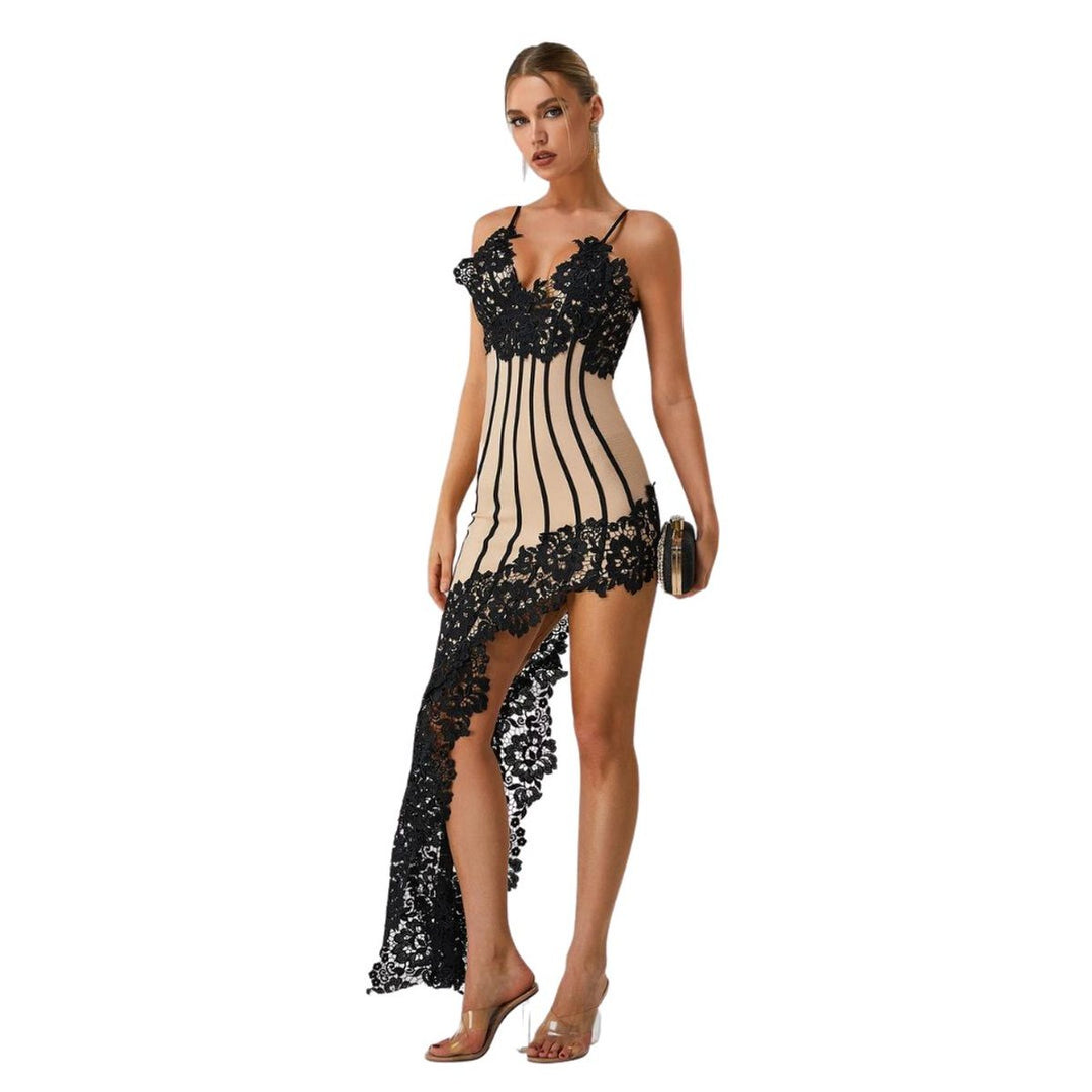Women's Lace Applique Bandage Fall Midi Dress Spaghetti Strap
