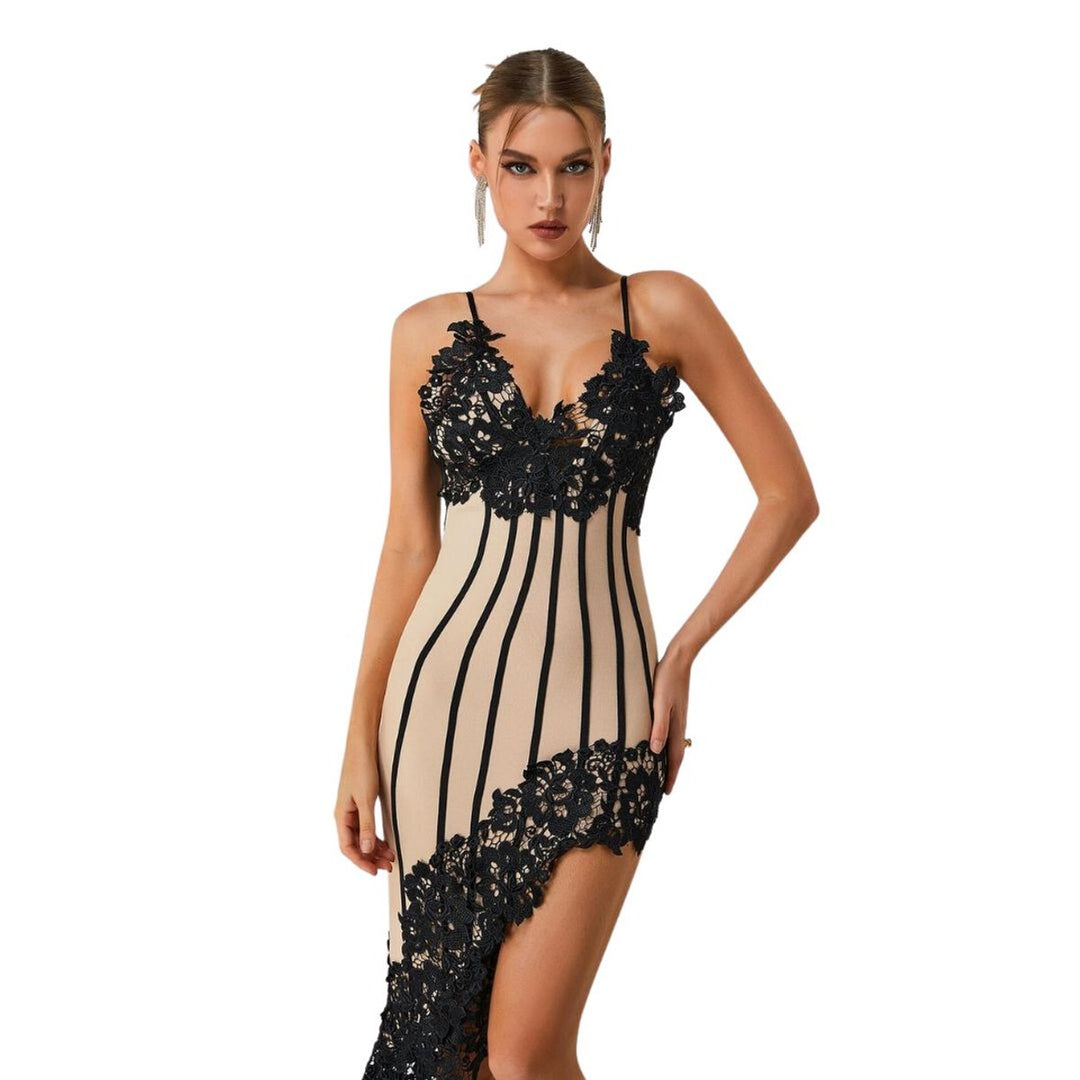 Women's Lace Applique Bandage Fall Midi Dress Spaghetti Strap