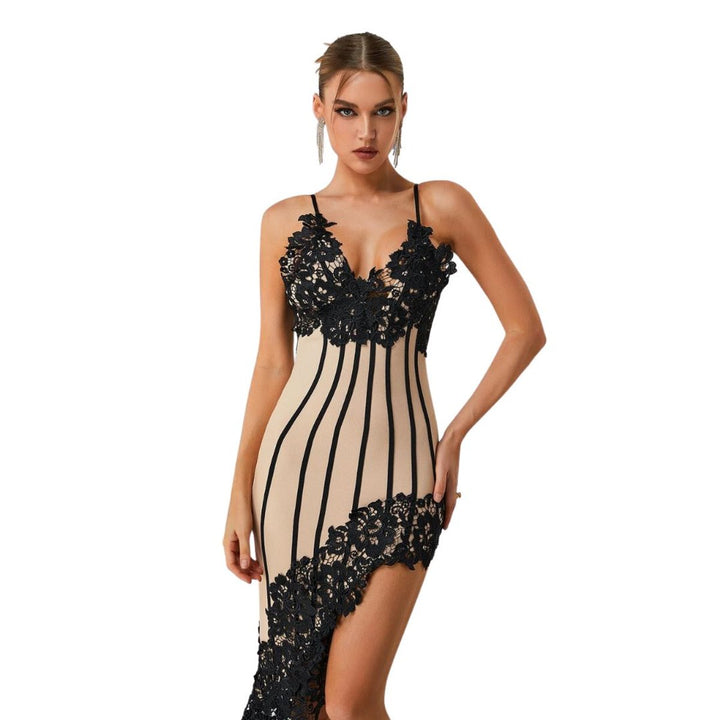 Women's Lace Applique Bandage Fall Midi Dress Spaghetti Strap