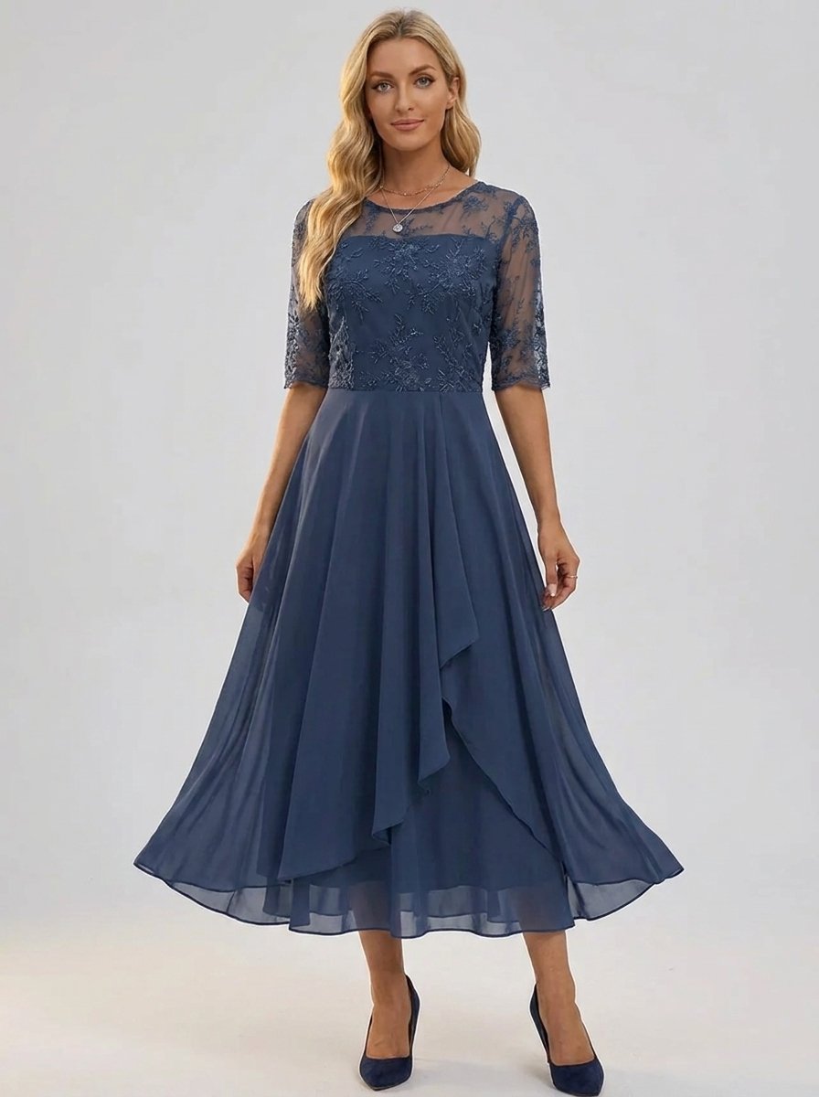 Women's Lace Bodice A-Line Chiffon Midi Formal Dress