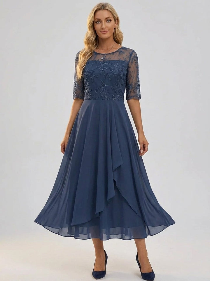 Women's Lace Bodice A-Line Chiffon Midi Formal Dress