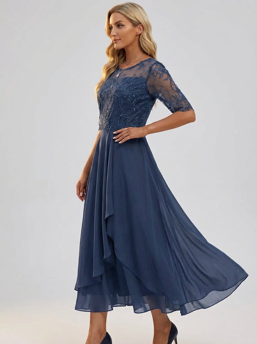Women's Lace Bodice A-Line Chiffon Midi Formal Dress