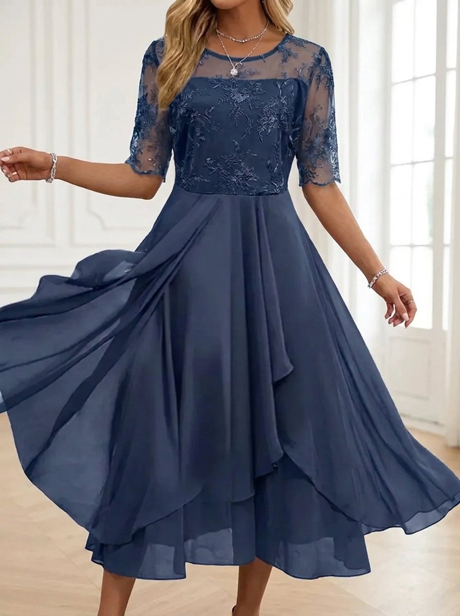 Women's Lace Bodice A-Line Chiffon Midi Formal Dress