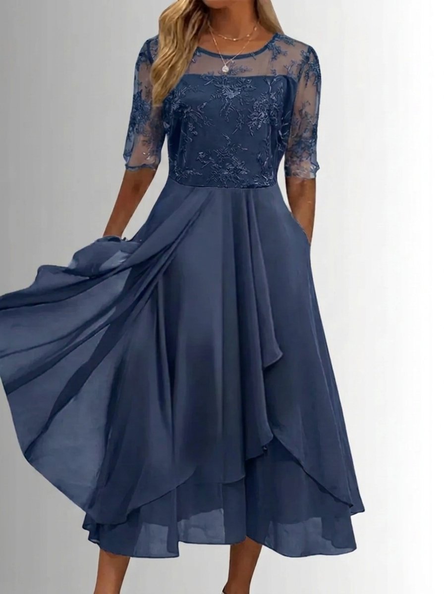Women's Lace Bodice A-Line Chiffon Midi Formal Dress