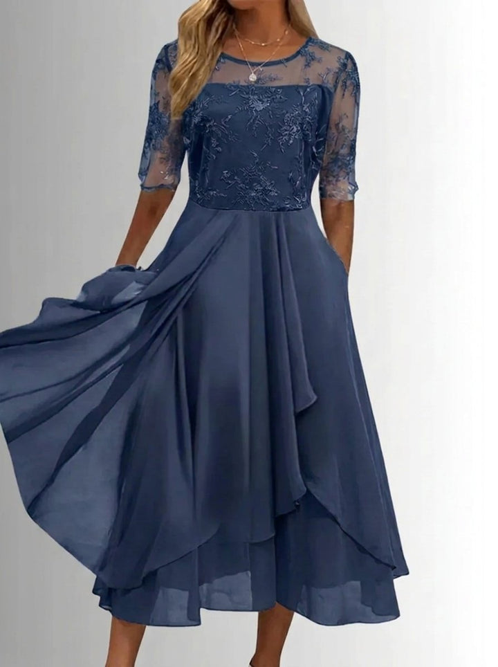 Women's Lace Bodice A-Line Chiffon Midi Formal Dress
