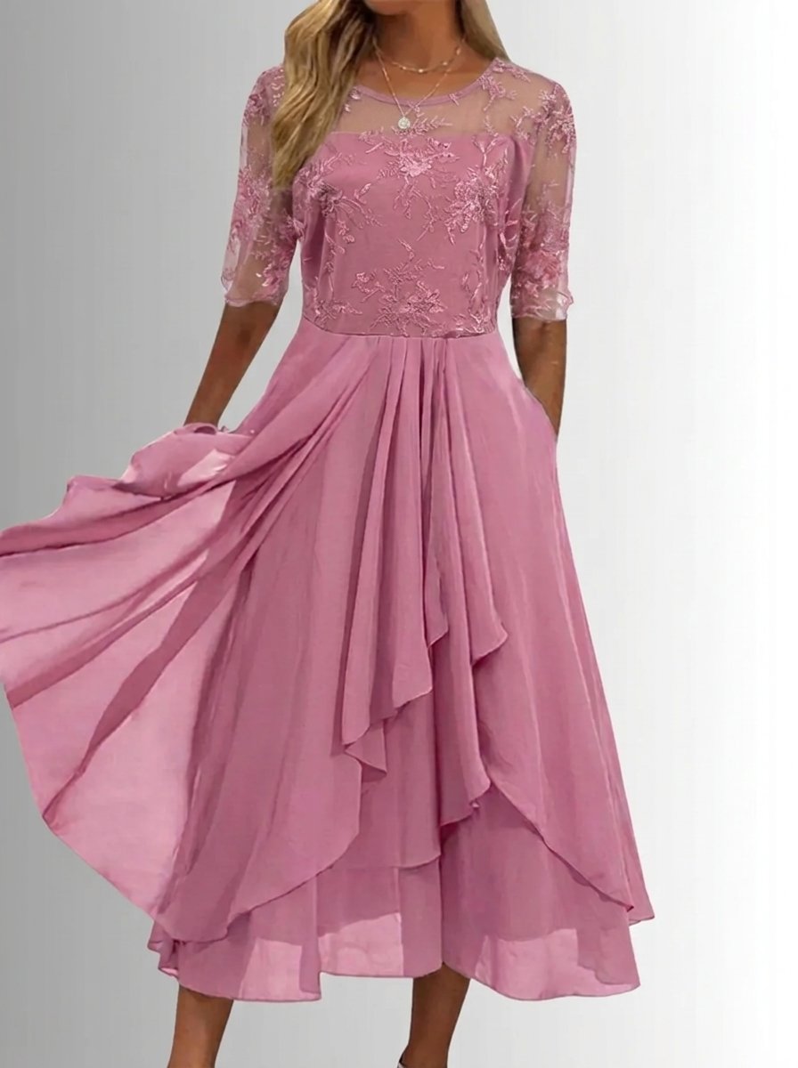 Women's Lace Bodice A-Line Chiffon Midi Formal Dress