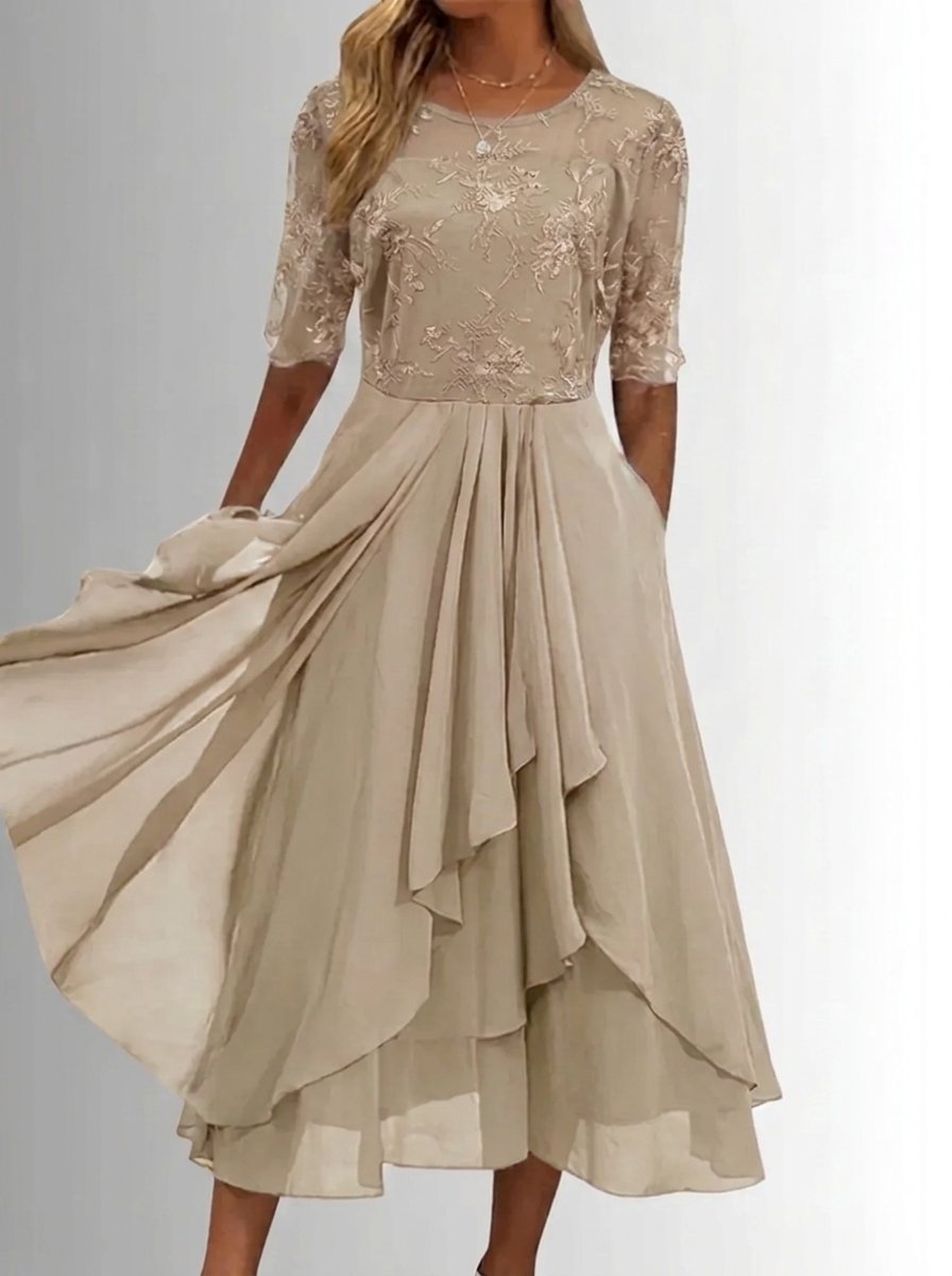 Women's Lace Bodice A-Line Chiffon Midi Formal Dress