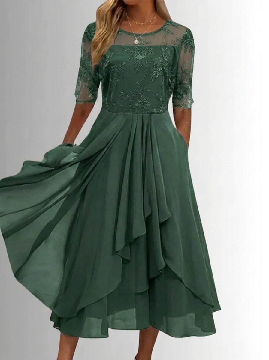 Women's Lace Bodice A-Line Chiffon Midi Formal Dress