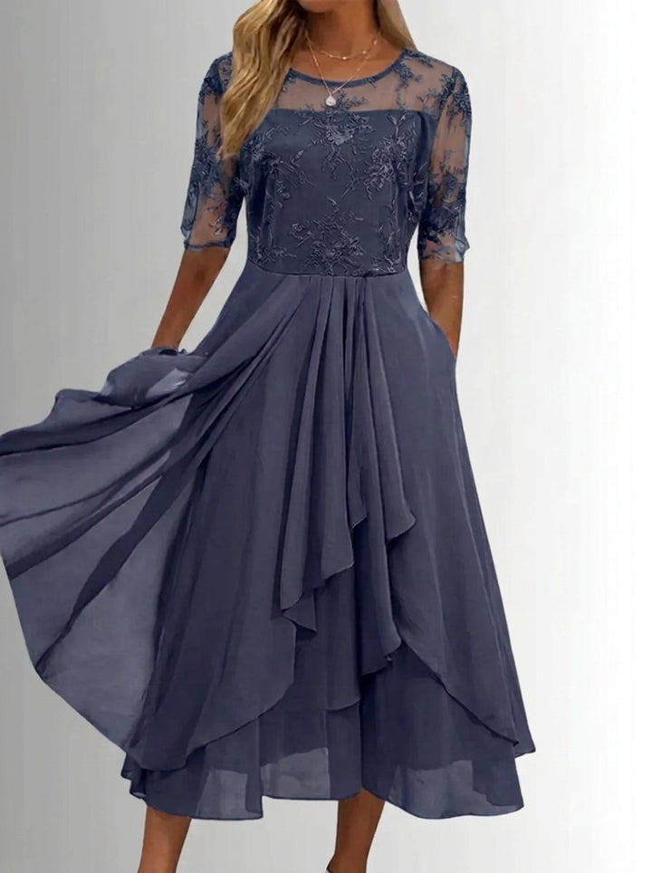 Women's Lace Bodice A-Line Chiffon Midi Formal Dress