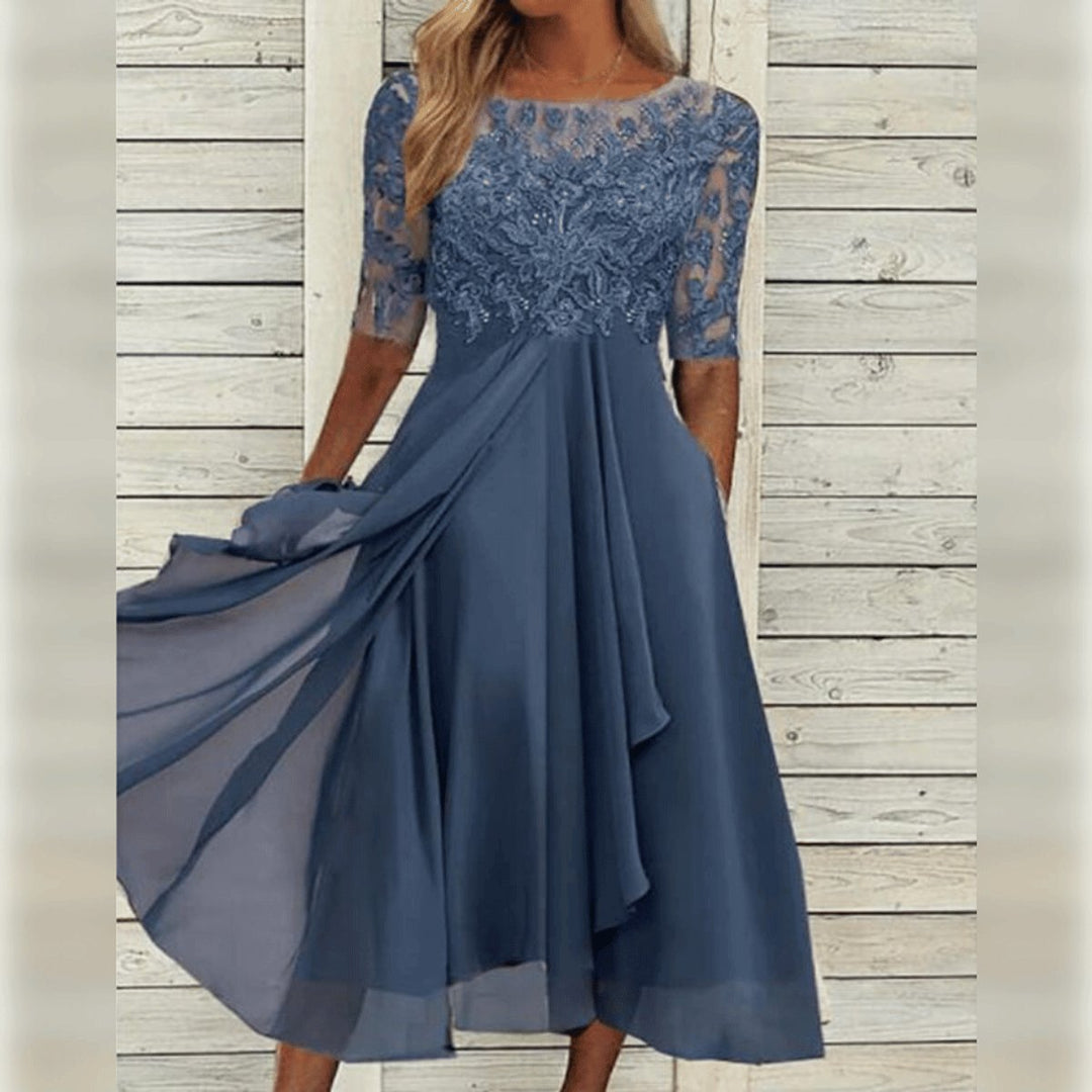 Women's Lace Bodice Chiffon A-Line Fall Midi Dress