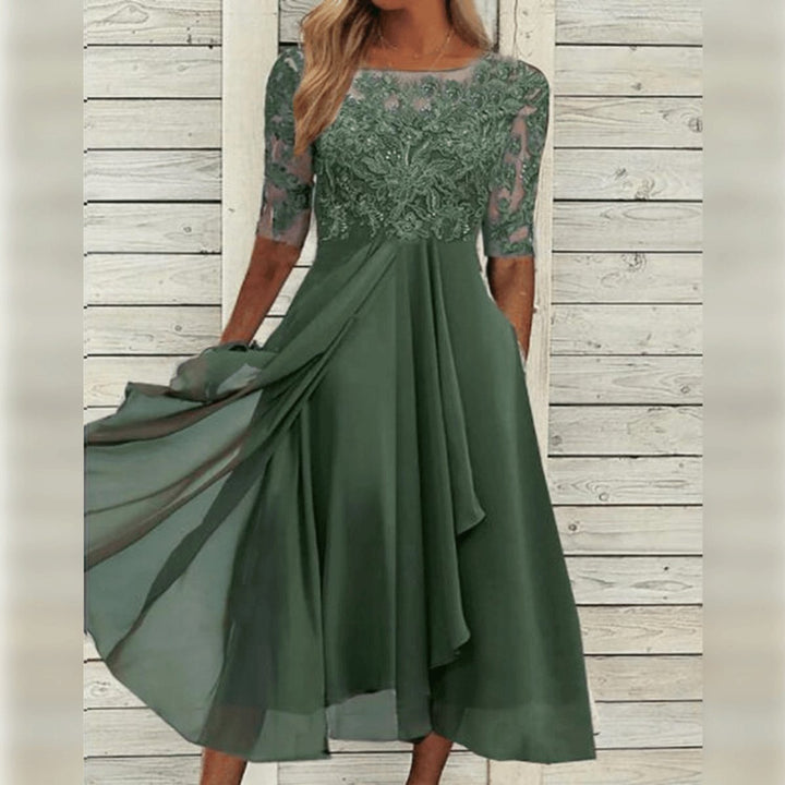 Women's Lace Bodice Chiffon A-Line Fall Midi Dress