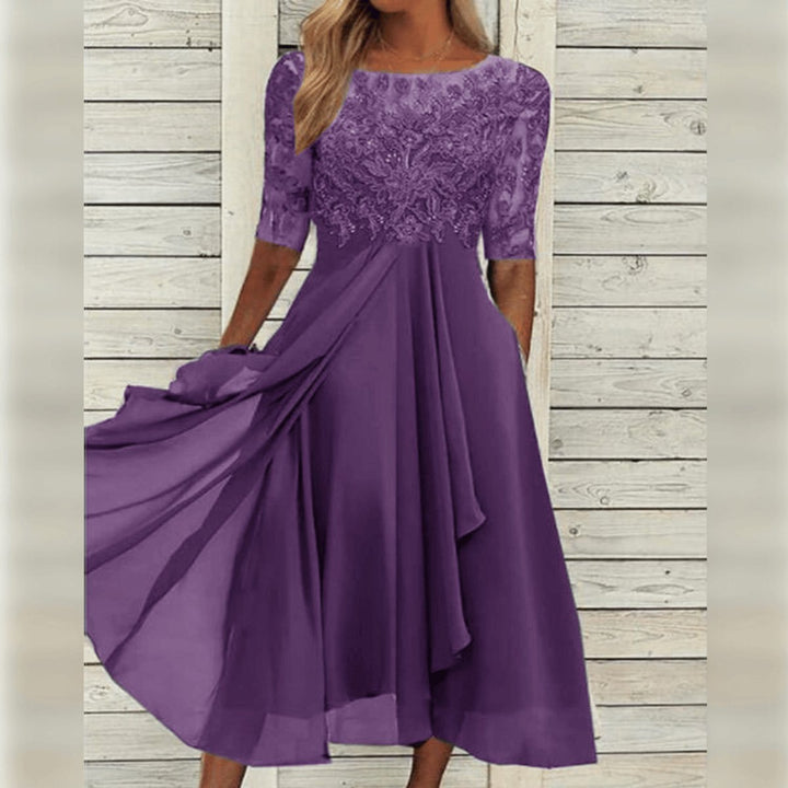 Women's Lace Bodice Chiffon A-Line Fall Midi Dress