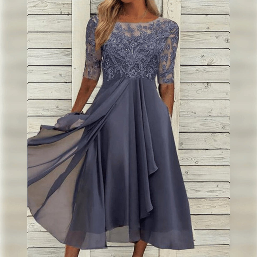 Women's Lace Bodice Chiffon A-Line Fall Midi Dress
