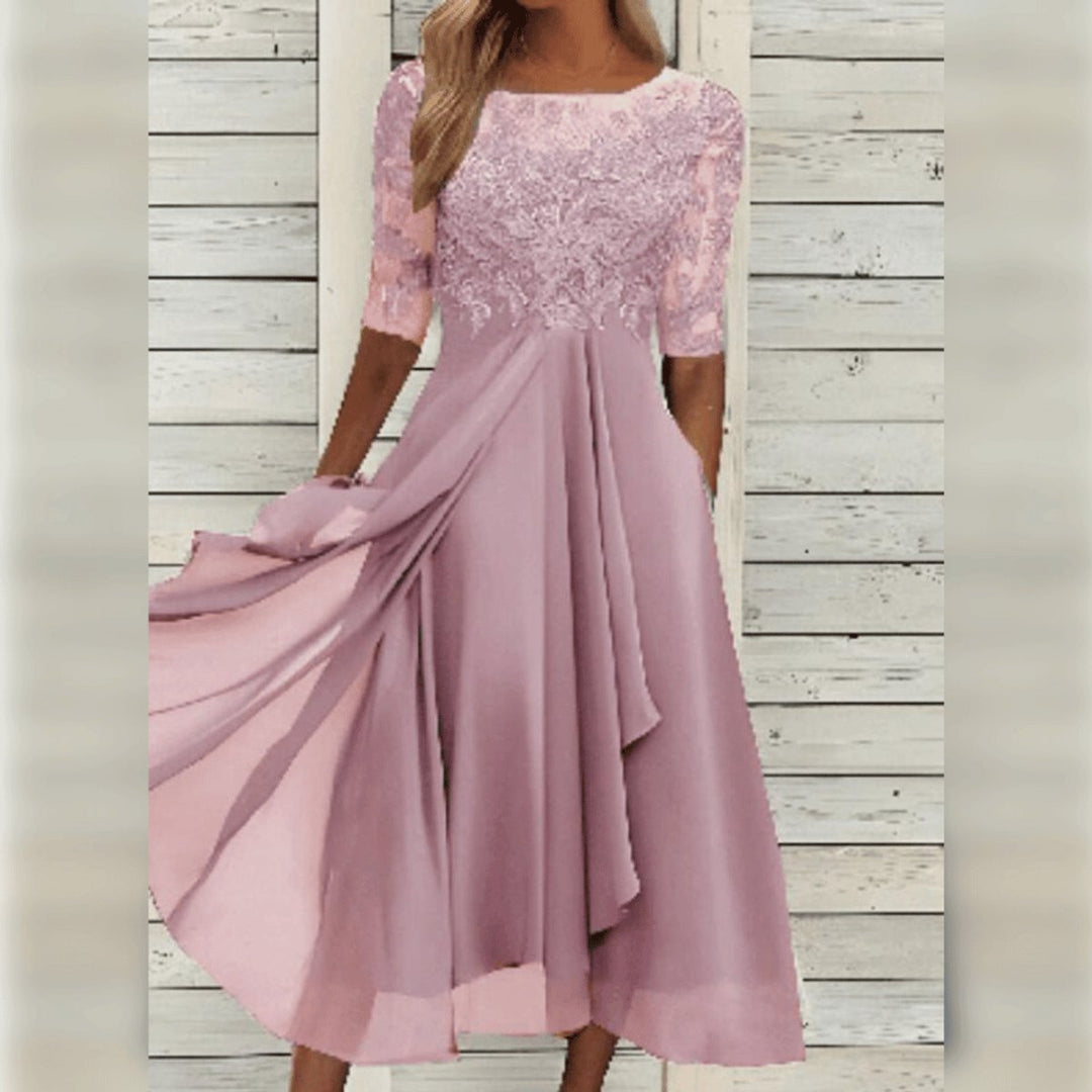Women's Lace Bodice Chiffon A-Line Fall Midi Dress