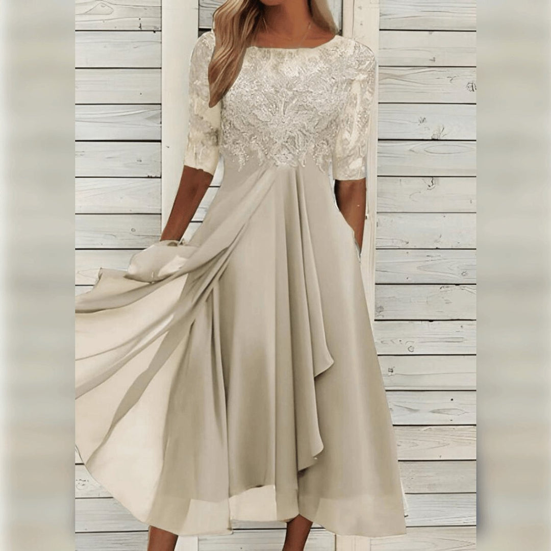 Women's Lace Bodice Chiffon A-Line Fall Midi Dress
