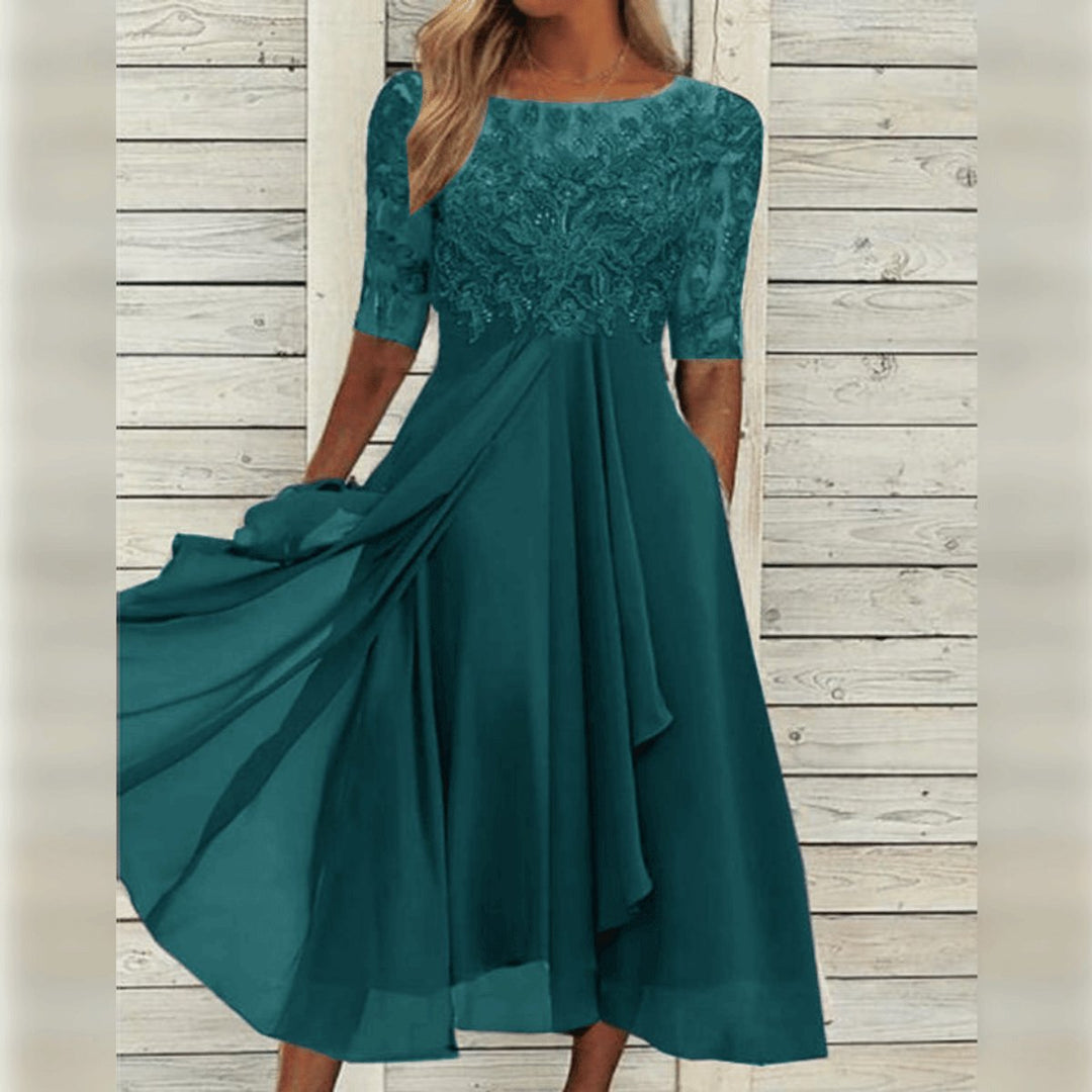 Women's Lace Bodice Chiffon Fall Midi Dress Formal Occasion