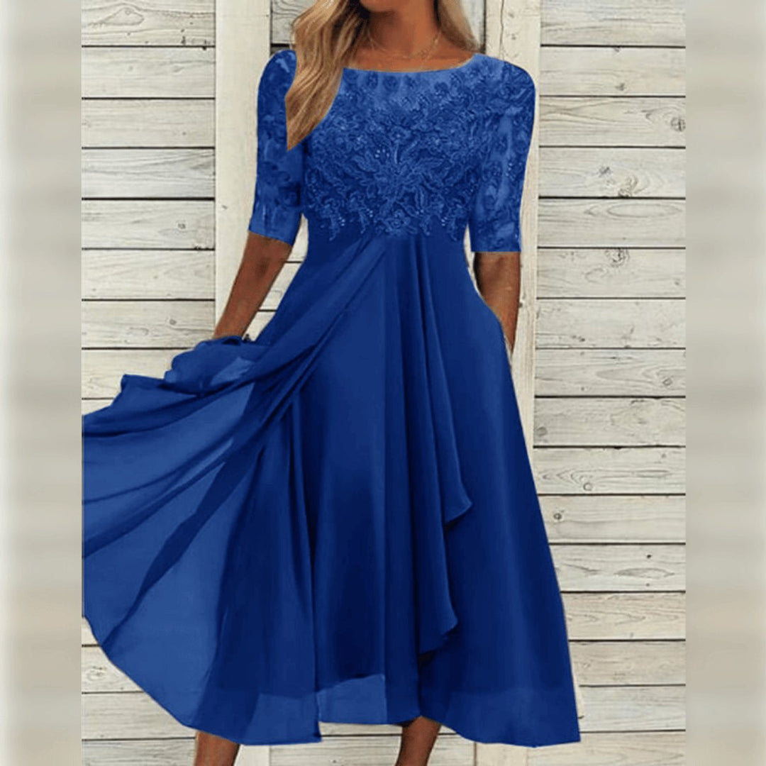 Women's Lace Bodice Chiffon Fall Midi Dress Formal Occasion
