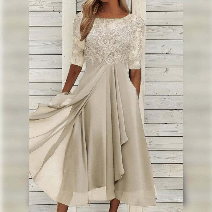 Women's Lace Bodice Chiffon Fall Midi Dress Formal Occasion