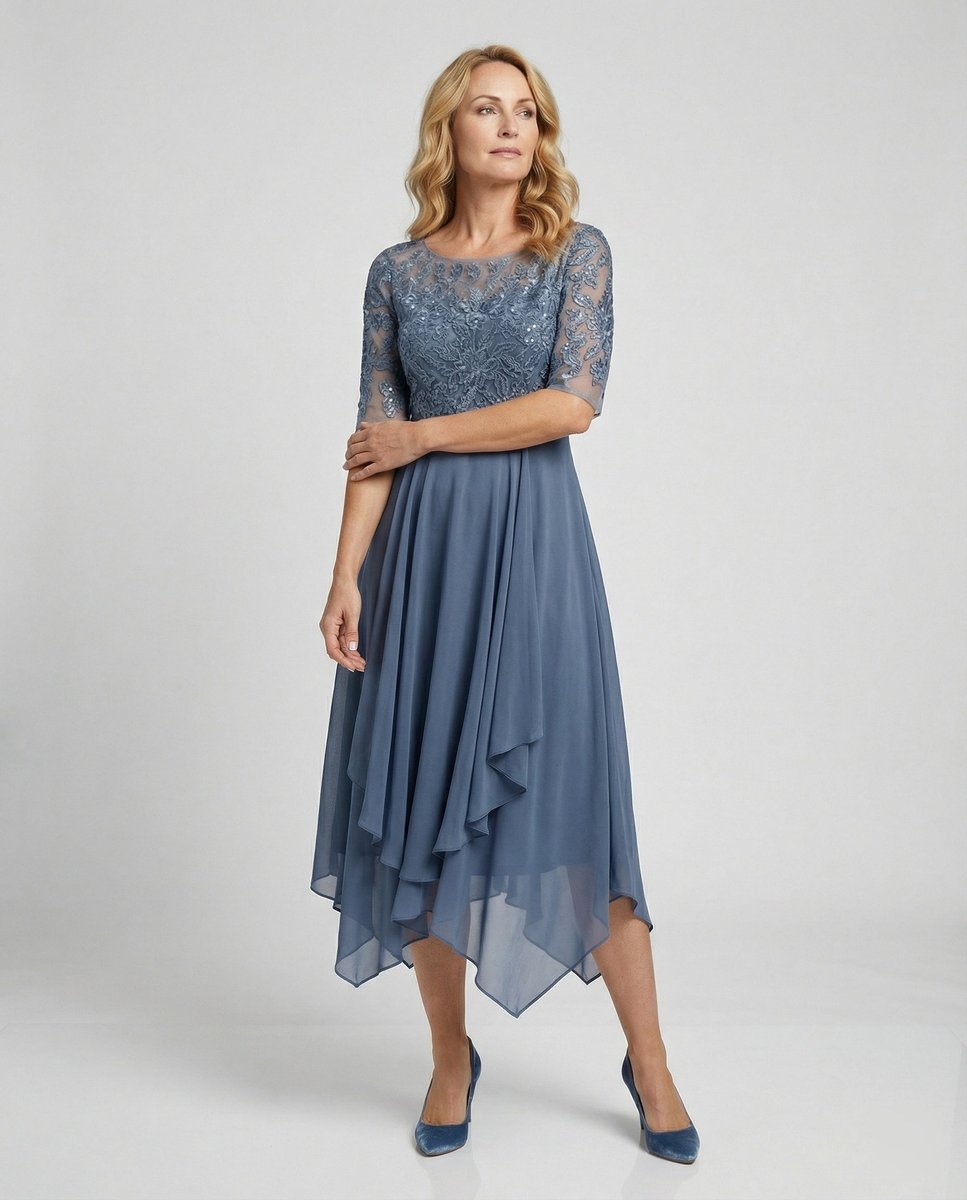 Women's Lace Bodice Chiffon Fall Midi Dress Handkerchief Hem