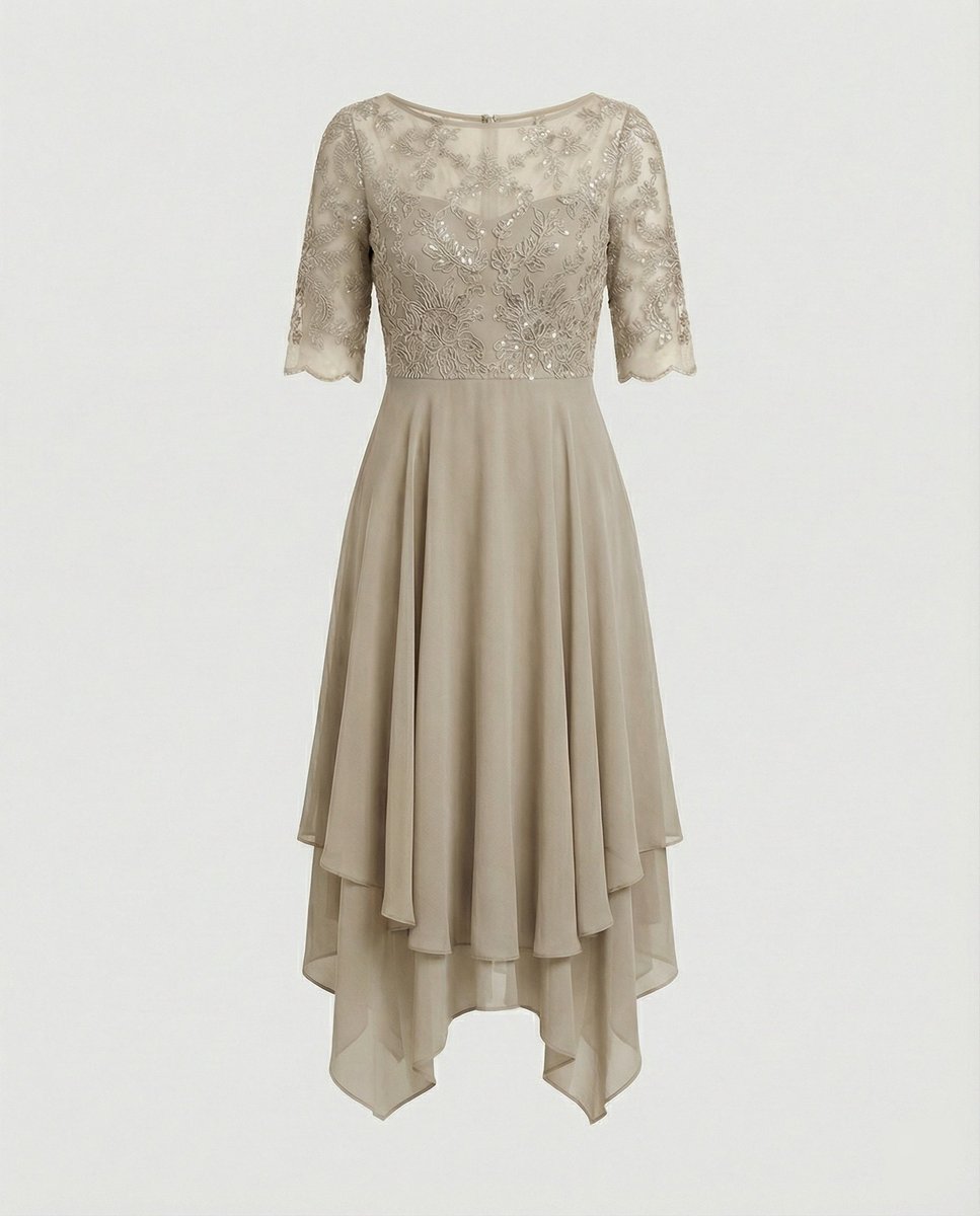 Women's Lace Bodice Chiffon Fall Midi Dress Handkerchief Hem