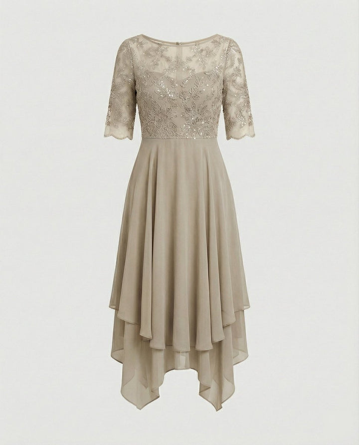 Women's Lace Bodice Chiffon Fall Midi Dress Handkerchief Hem