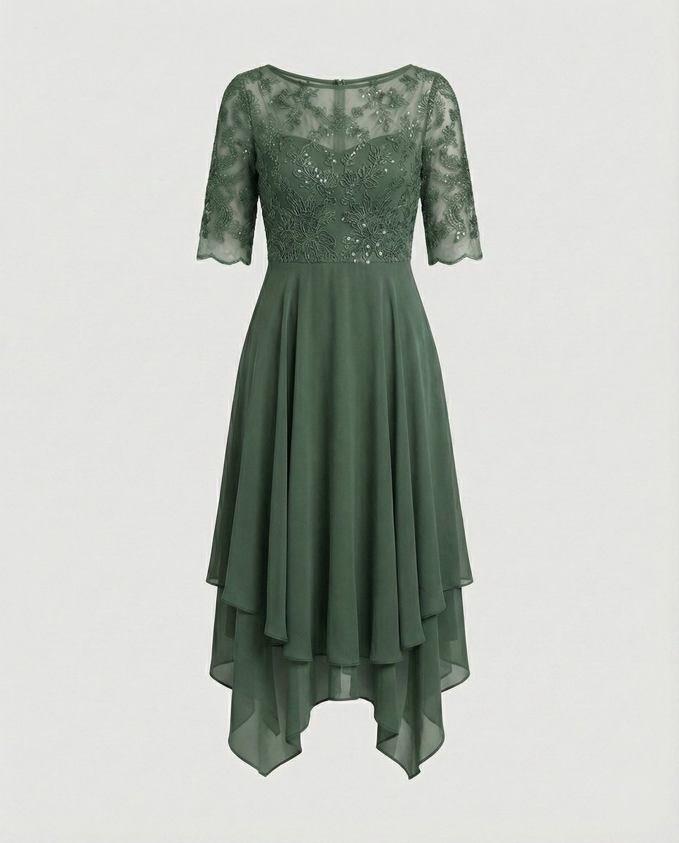Women's Lace Bodice Chiffon Fall Midi Dress Handkerchief Hem