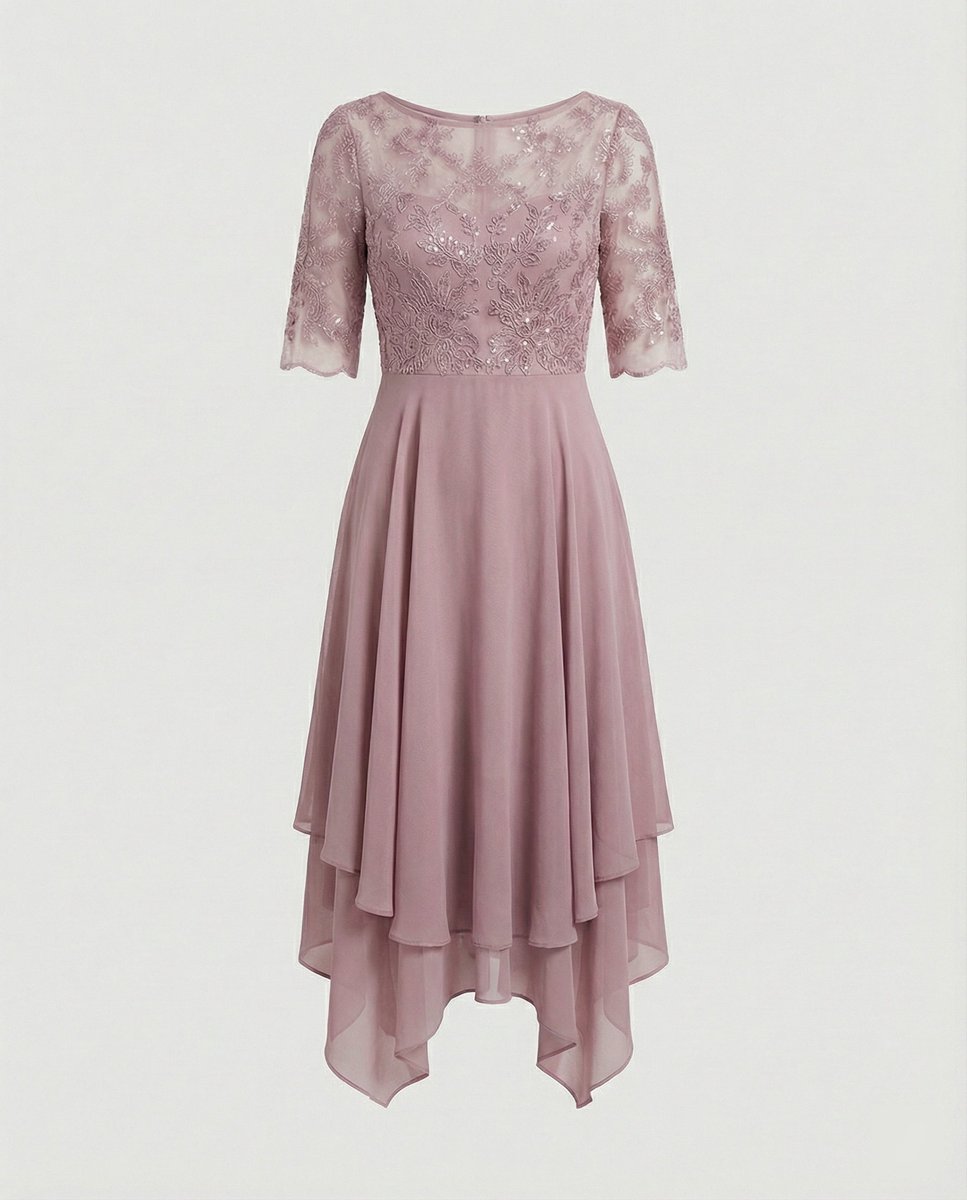 Women's Lace Bodice Chiffon Fall Midi Dress Handkerchief Hem