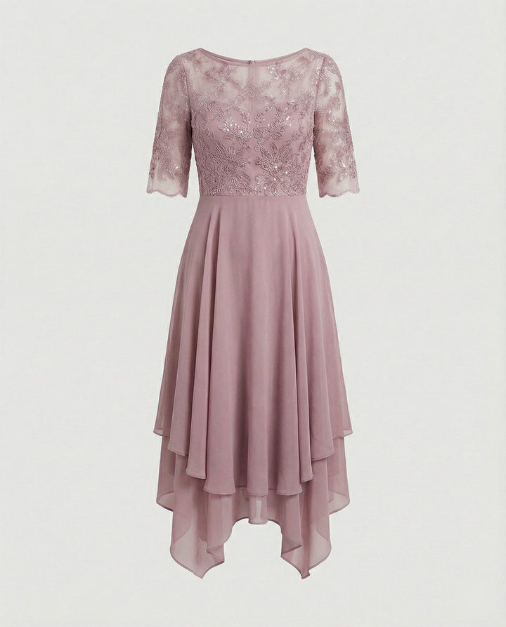Women's Lace Bodice Chiffon Fall Midi Dress Handkerchief Hem