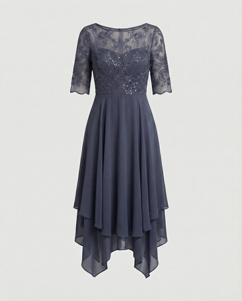 Women's Lace Bodice Chiffon Fall Midi Dress Handkerchief Hem