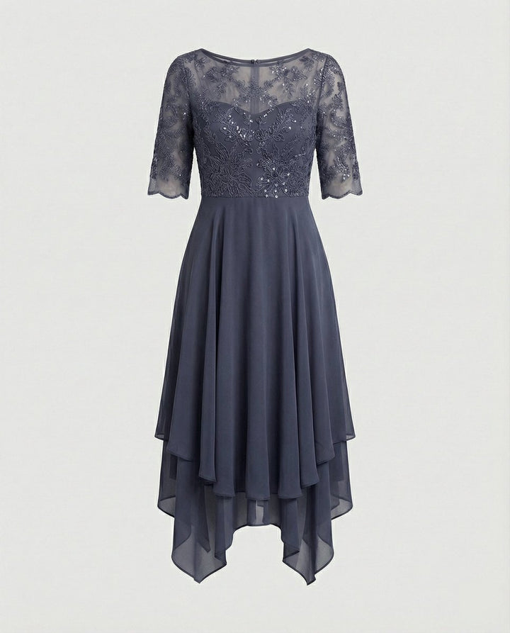 Women's Lace Bodice Chiffon Fall Midi Dress Handkerchief Hem