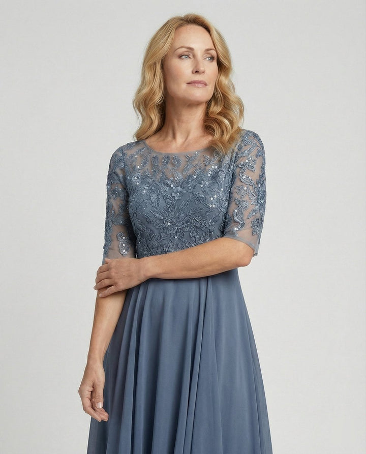 Women's Lace Bodice Chiffon Fall Midi Dress Handkerchief Hem