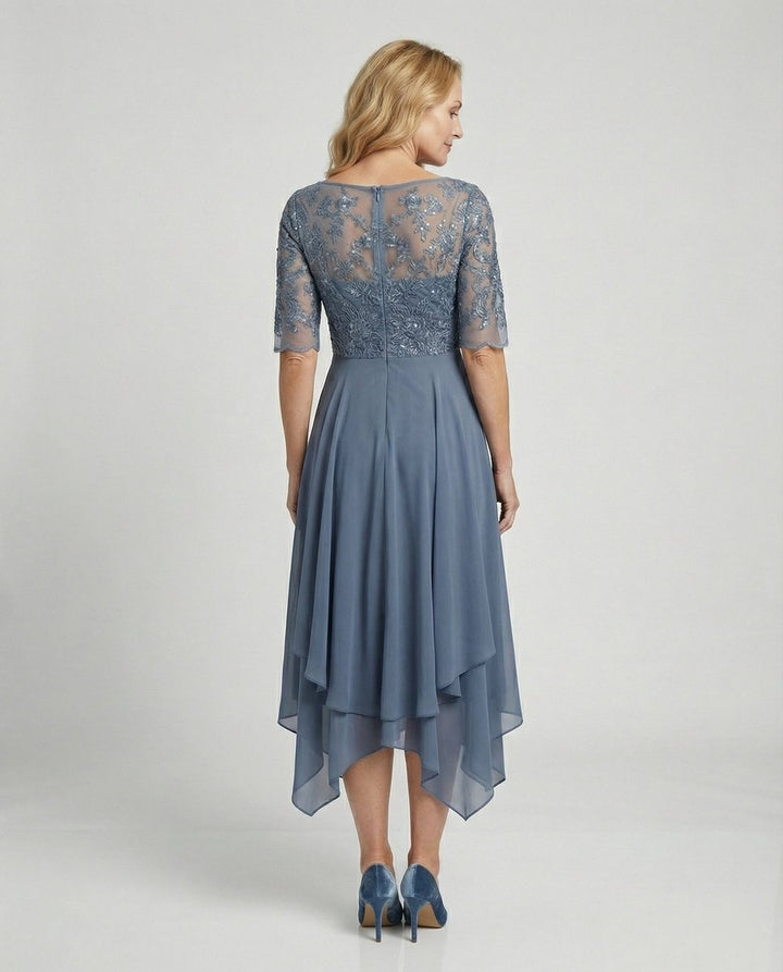 Women's Lace Bodice Chiffon Fall Midi Dress Handkerchief Hem