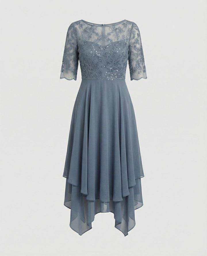 Women's Lace Bodice Chiffon Fall Midi Dress Handkerchief Hem