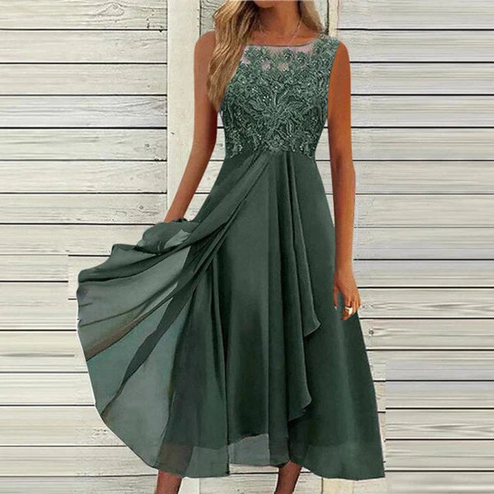 Women's Lace Bodice Chiffon Fall Midi Dress Sleeveless A-Line