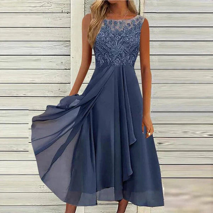Women's Lace Bodice Chiffon Fall Midi Dress Sleeveless A-Line