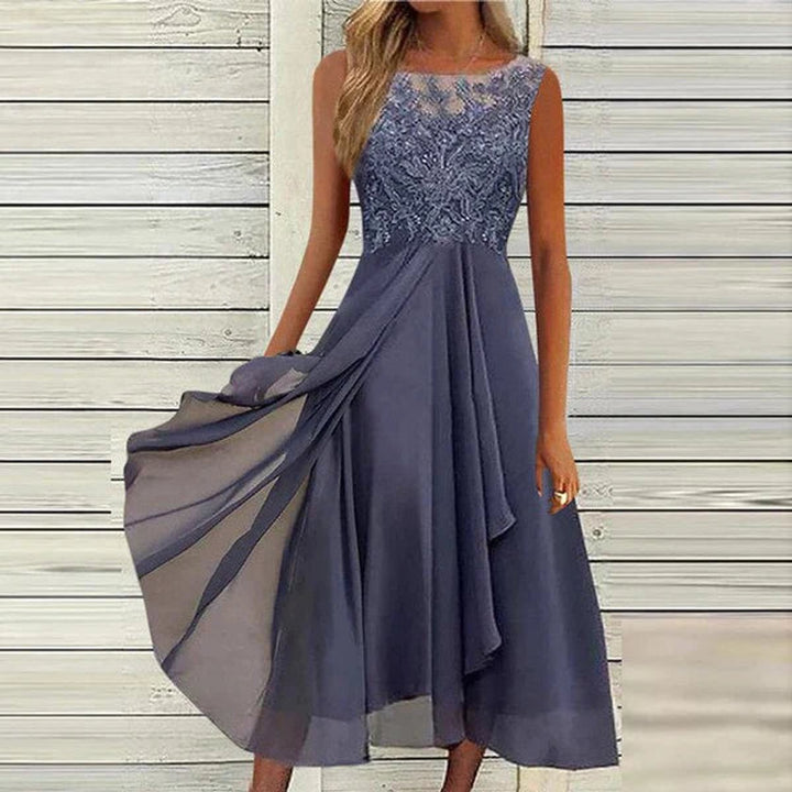 Women's Lace Bodice Chiffon Fall Midi Dress Sleeveless A-Line