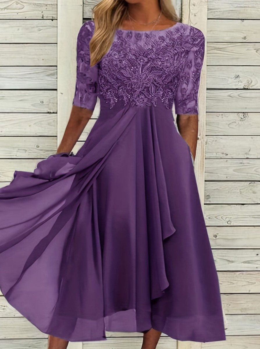 Women's Lace Bodice Chiffon Fall Midi Dress Sleeveless A-Line