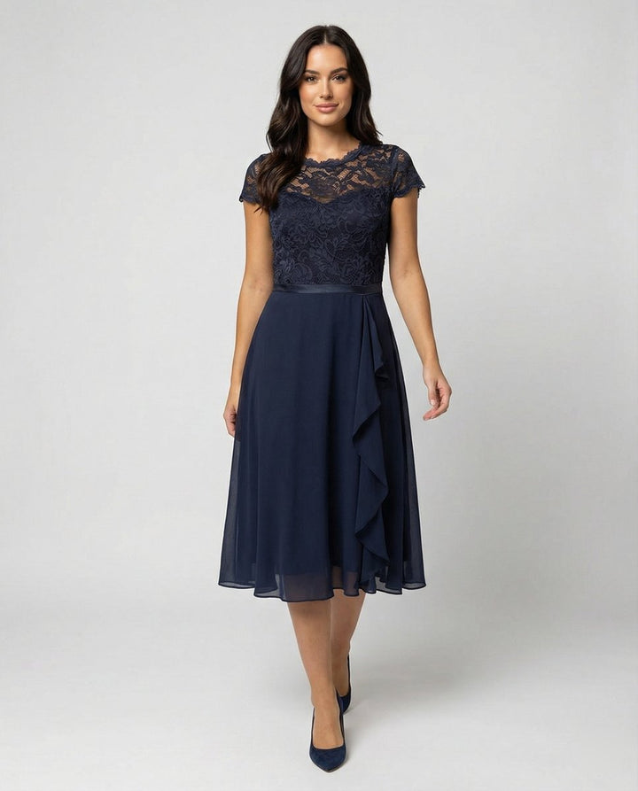 Women's Lace Bodice Chiffon Ruffle Fall Midi Dress Cap Sleeve