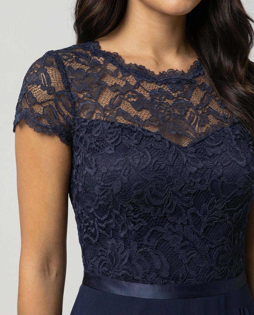 Women's Lace Bodice Chiffon Ruffle Fall Midi Dress Cap Sleeve
