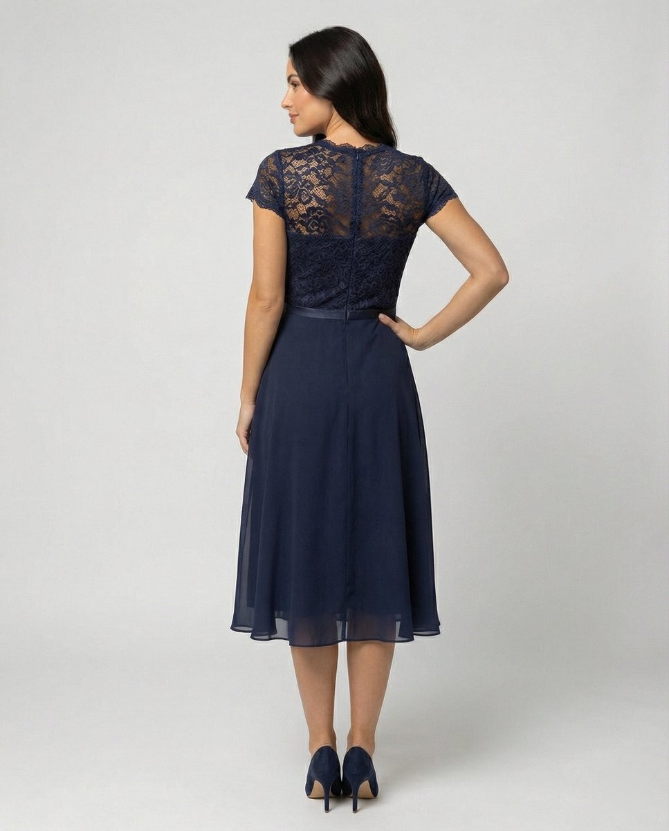 Women's Lace Bodice Chiffon Ruffle Fall Midi Dress Cap Sleeve