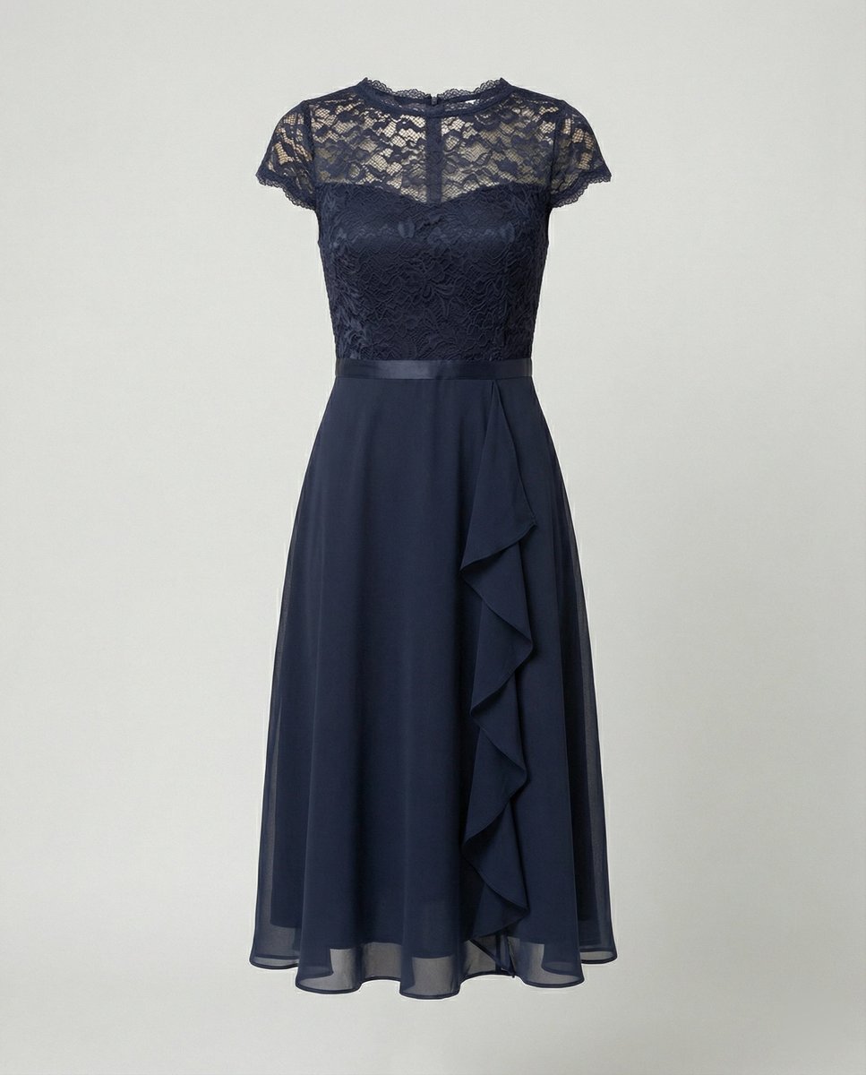 Women's Lace Bodice Chiffon Ruffle Fall Midi Dress Cap Sleeve