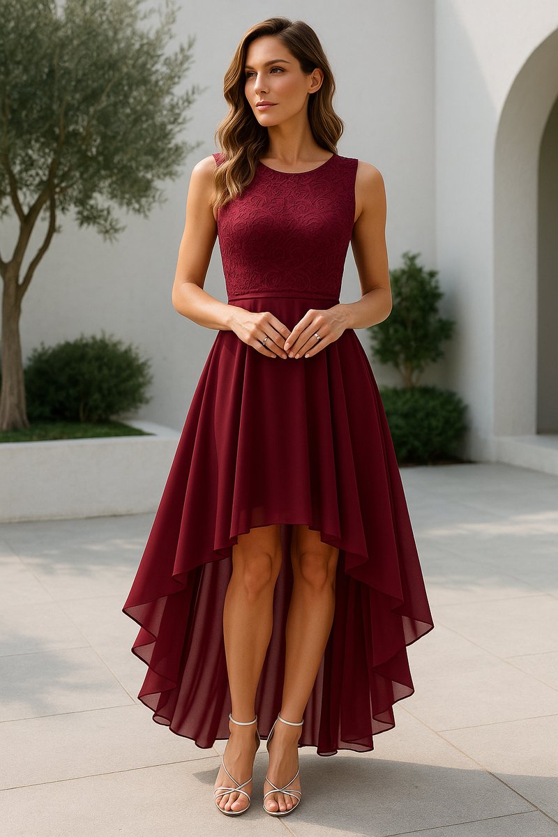 Women's Lace Bodice High-Low Fall Wedding Guest Dress Sleeveless