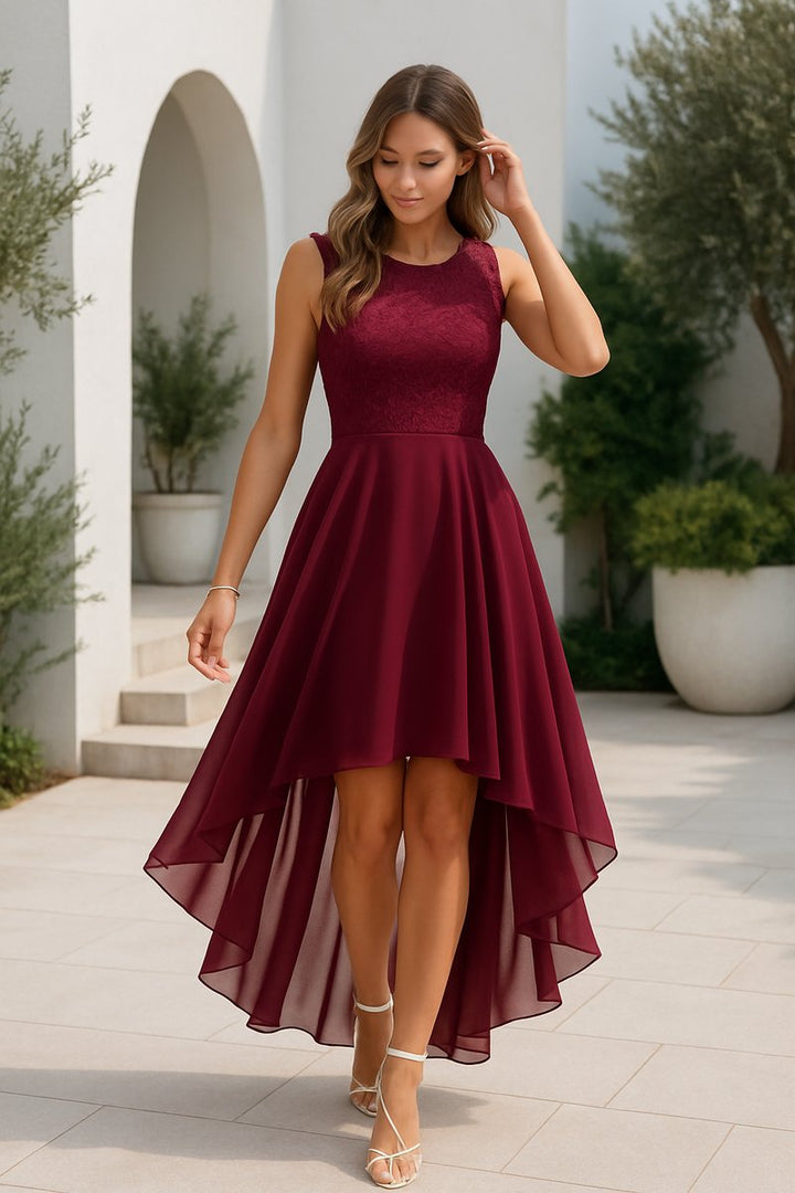 Women's Lace Bodice High-Low Fall Wedding Guest Dress Sleeveless