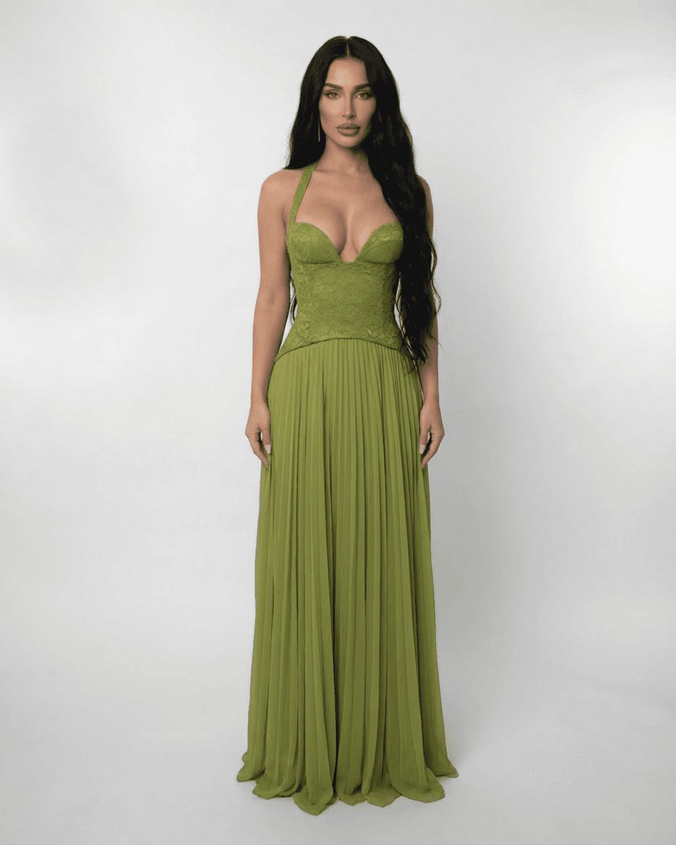 Women's Lace Bodice Pleated Chiffon Fall Wedding Guest Dress