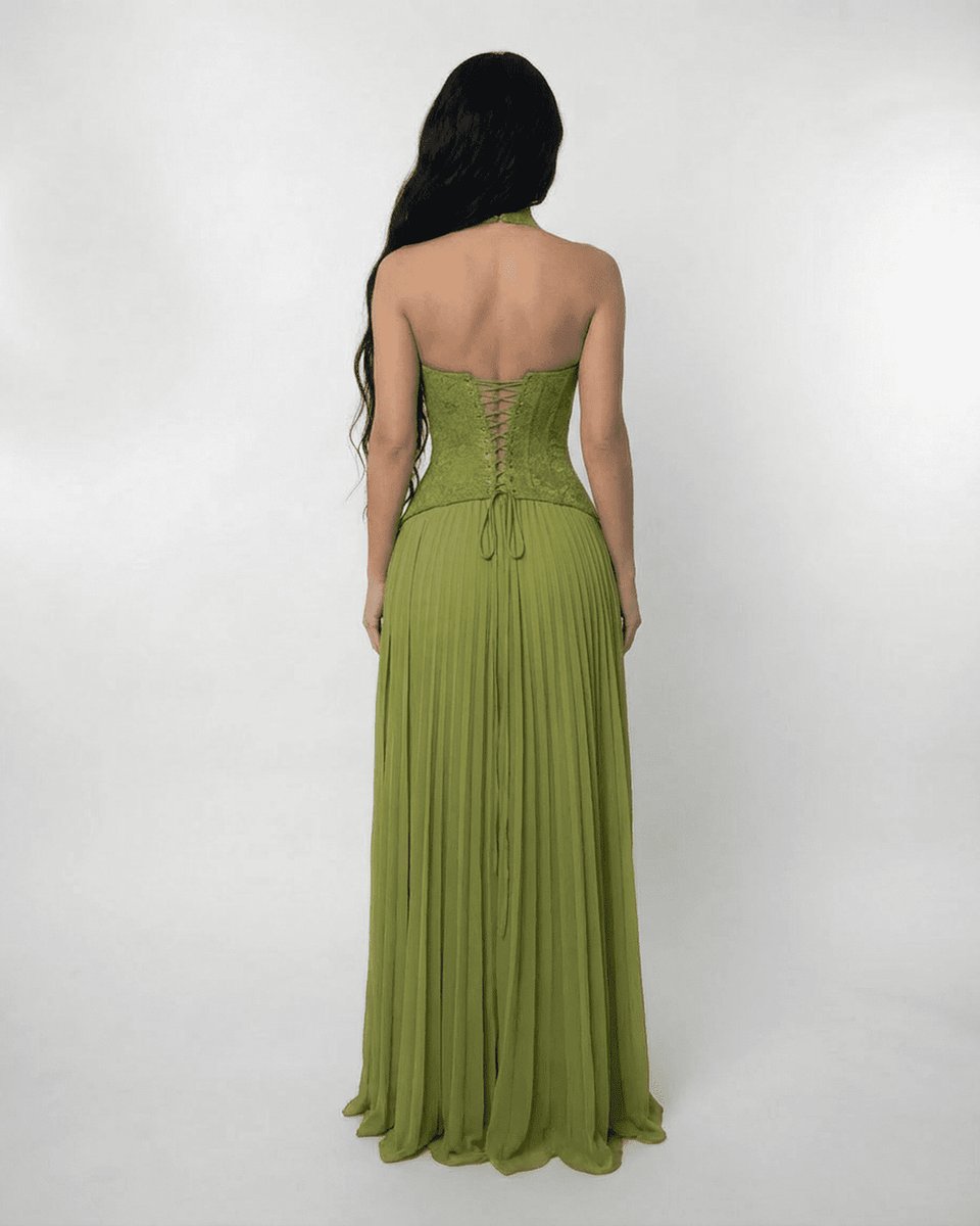 Women's Lace Bodice Pleated Chiffon Fall Wedding Guest Dress