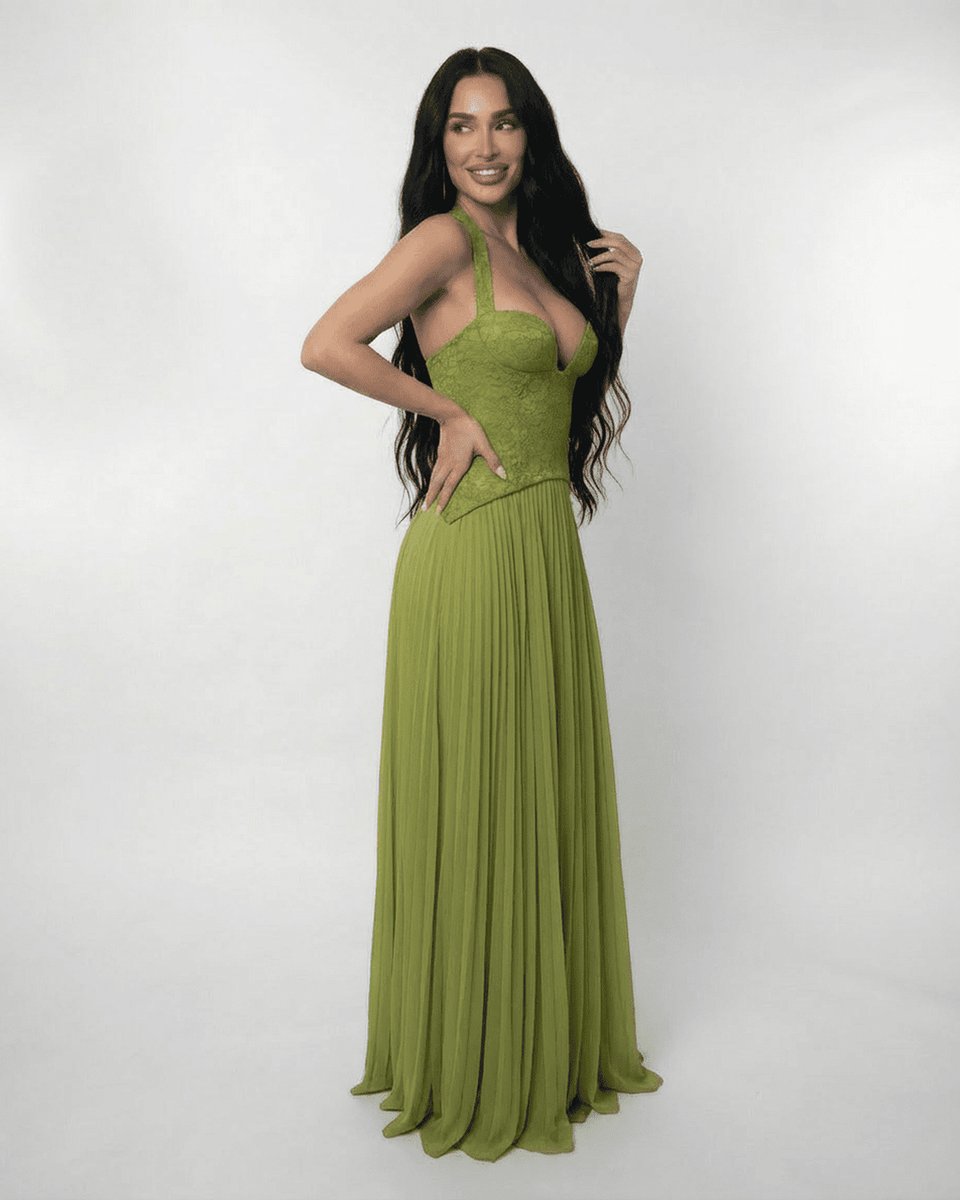 Women's Lace Bodice Pleated Chiffon Fall Wedding Guest Dress