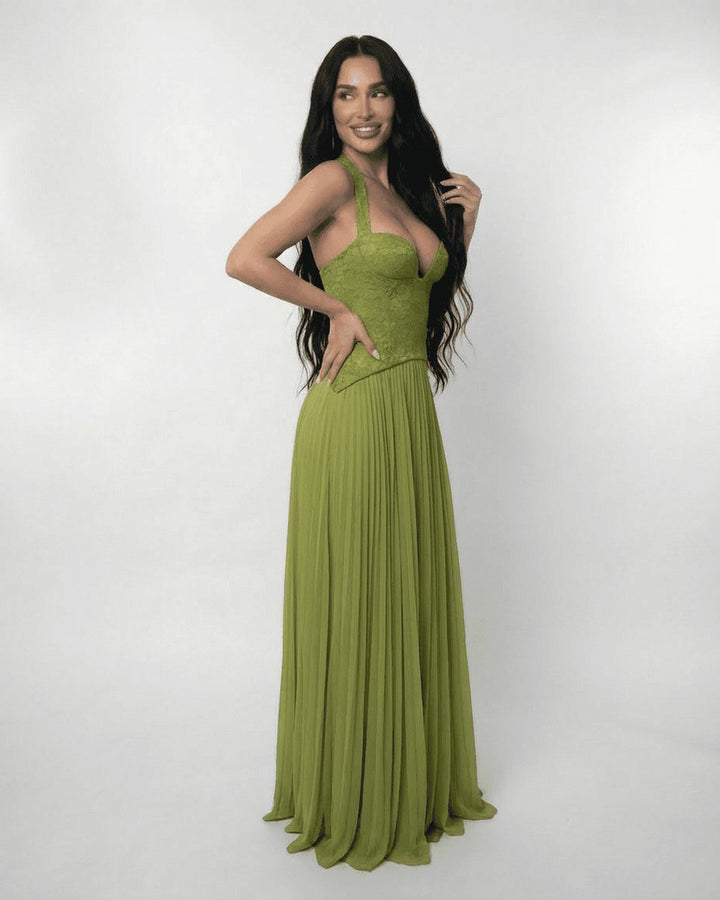 Women's Lace Bodice Pleated Chiffon Fall Wedding Guest Dress