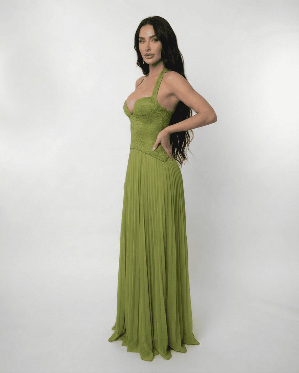 Women's Lace Bodice Pleated Chiffon Fall Wedding Guest Dress